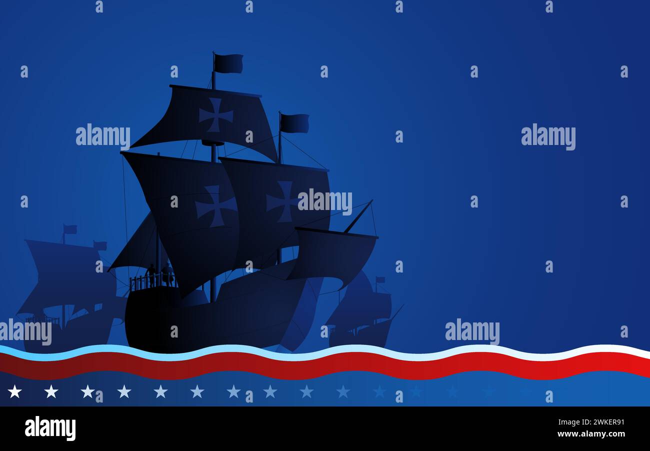 Columbus ship, La Santa Maria, Pinta and Nina sailing across the vast ocean on blue background. It symbolizes historical exploration and the spirit to Stock Vector
