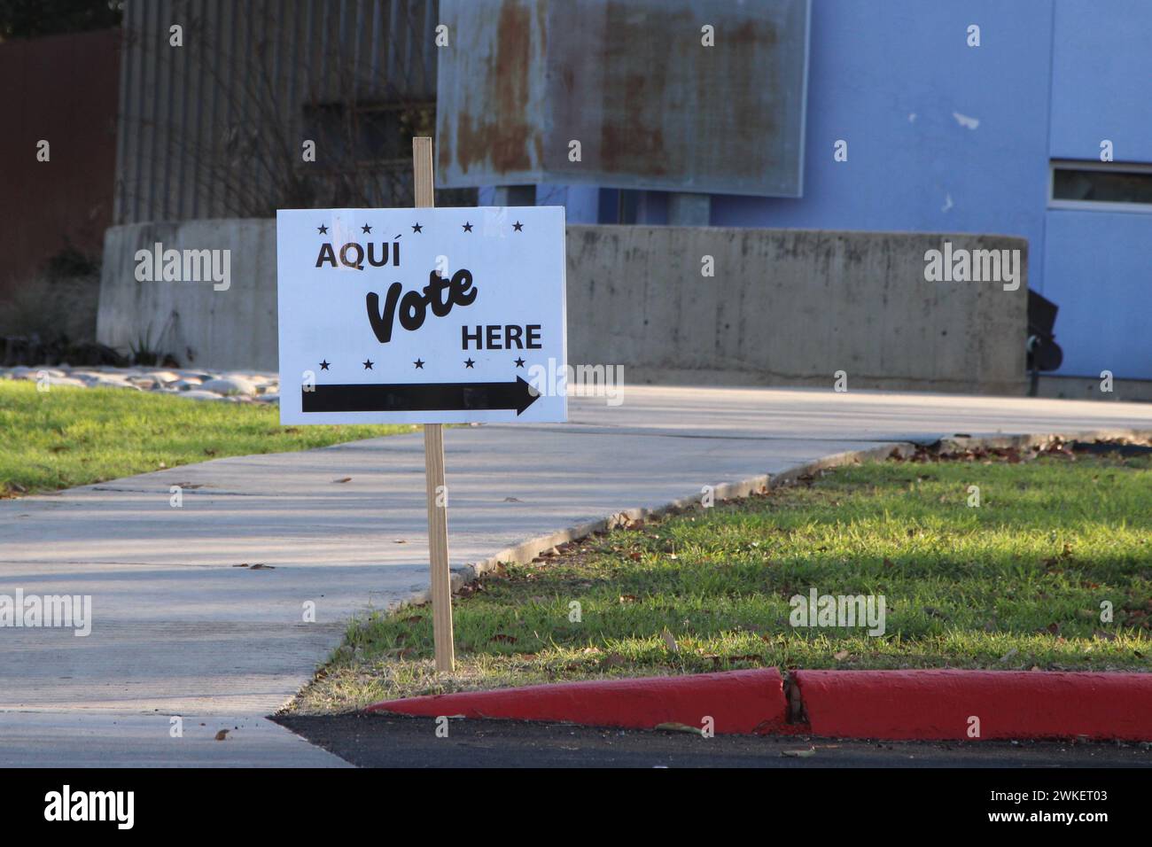 San Antonio, USA. 20th Feb, 2024. An Aqui Vote Here sign at the Guerra