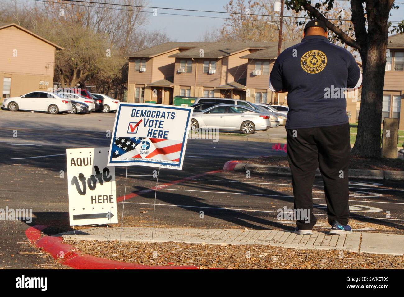 San Antonio, USA. 20th Feb, 2024. A "Democrats Vote Here" sign at the
