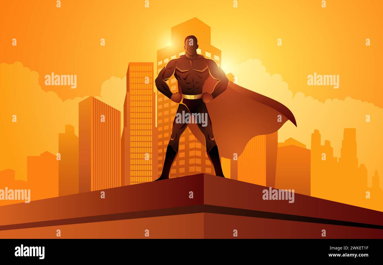 Iconic urban defender, Superhero silhouette against cityscape backdrop. Vigilance, power, and heroism captured in one striking image Stock Vector