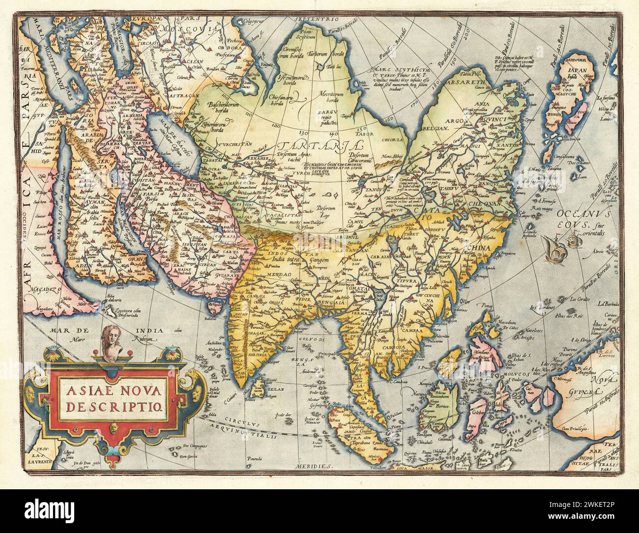'Asiae Nova Descriptio' .  Asia.    Vintage Illustrated  Continental Map from Abraham Ortelius' Theatrum Orbis Terrarum, , Published in 1595. Stock Photo