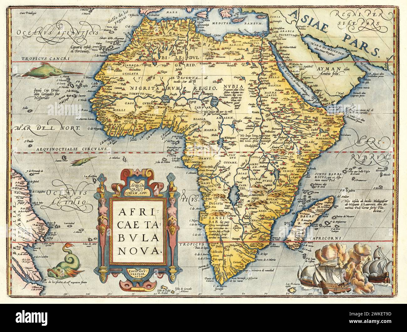 'Africae Tabula Nova '.  Africa.   Vintage Illustrated Continental Map from Abraham Ortelius' Theatrum Orbis Terrarum, , Published in 1595. Stock Photo