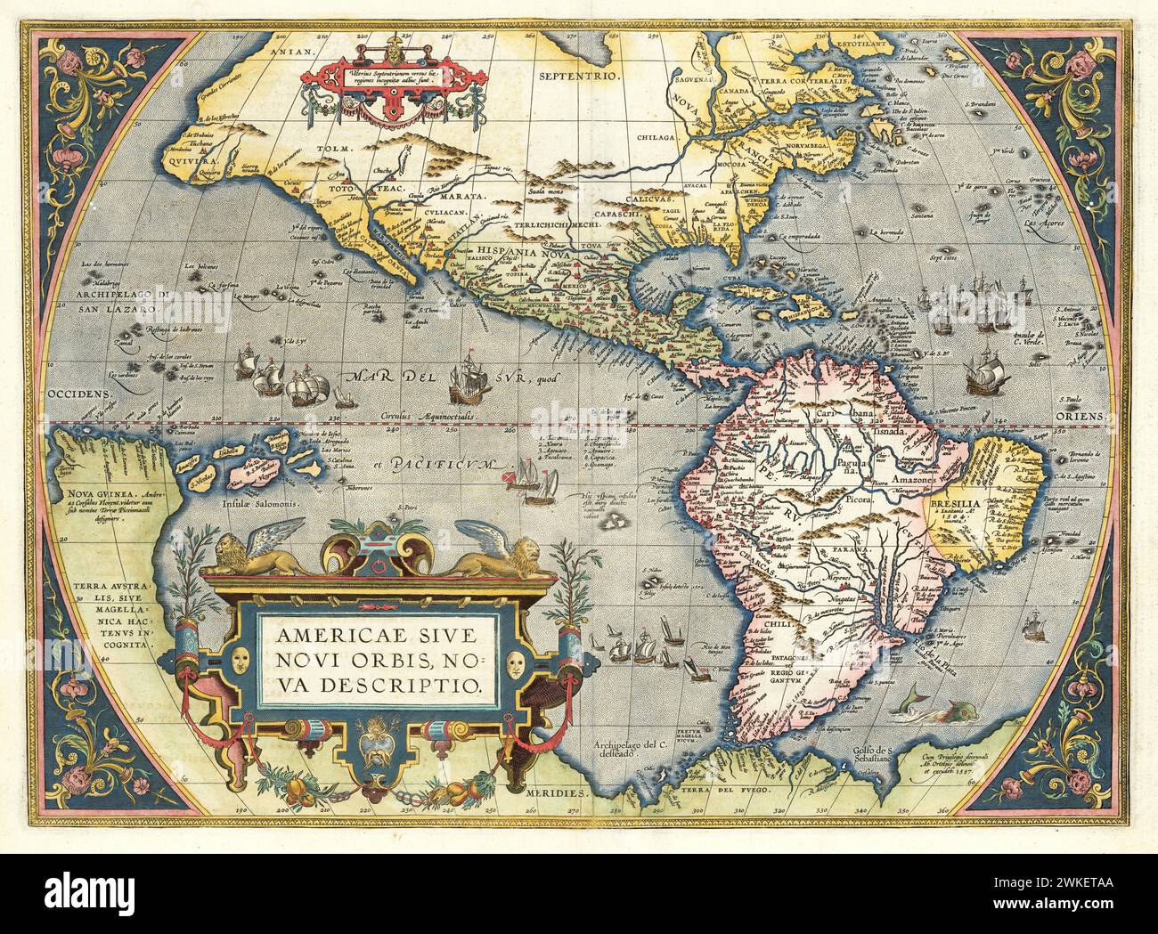 'Americae sive novi orbis, nova descriptio' America- Vintage Illustrated Continental Map from Abraham Ortelius' Theatrum Orbis Terrarum, , Published in 1595. Stock Photo