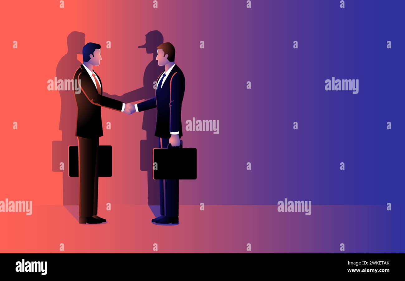 Shadow of a businessman with a long nose engages in a handshake with another businessman. Portrayal of deceptive deals, hidden agendas, business ethic Stock Vector