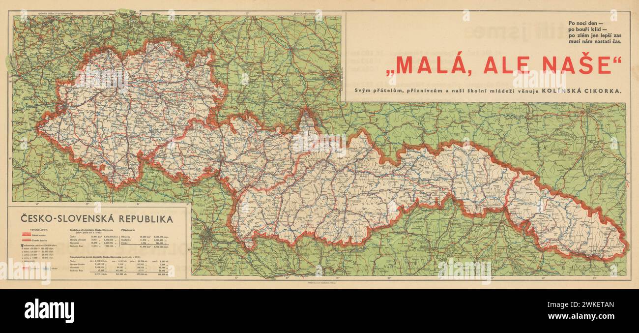 Vintage 1938 map of the Second Czechoslovak Republic after the Munich Agreement. The Territorial Results of the Munich Agreement. Stock Photo