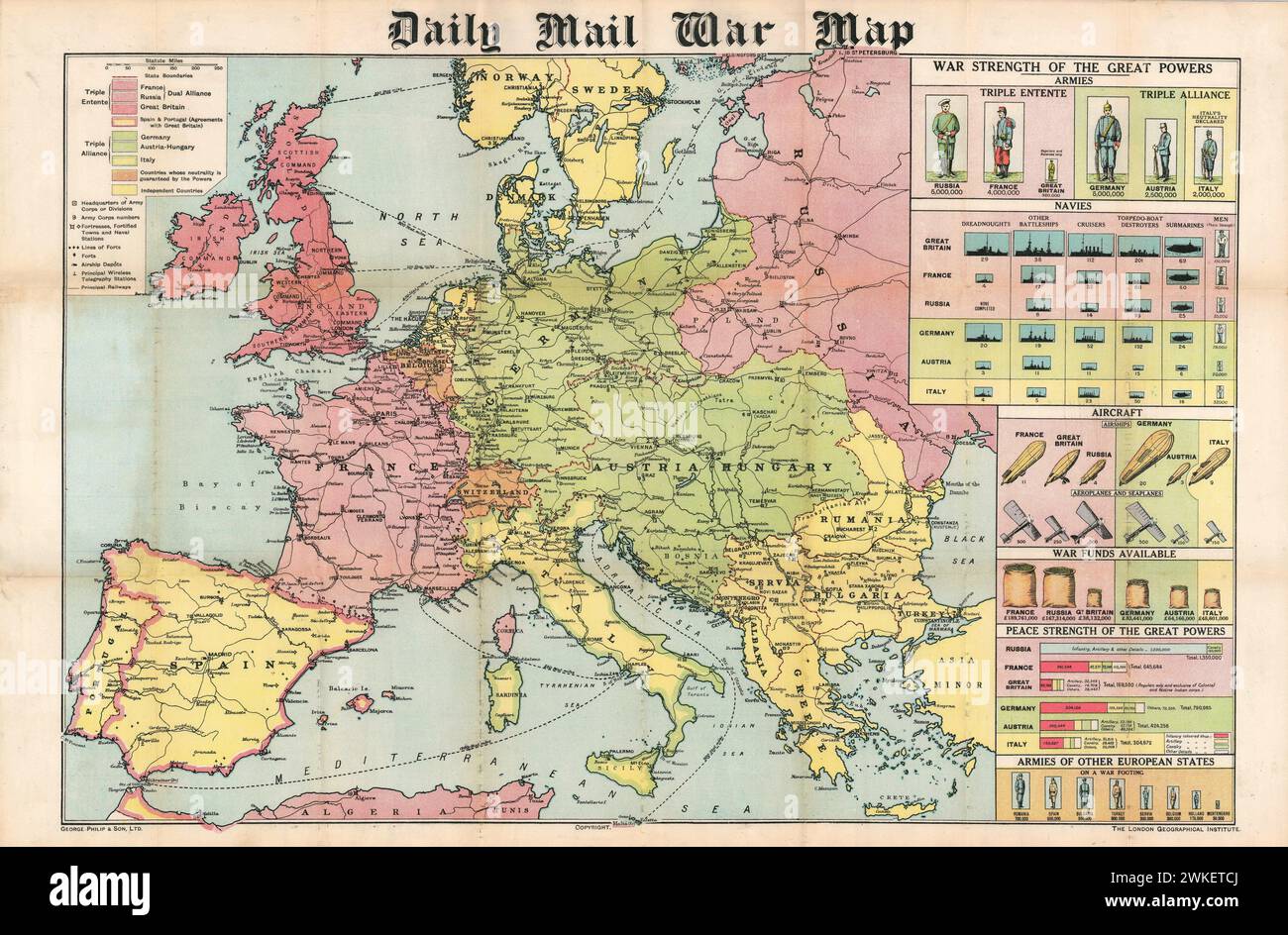 Vintage Illustrated  Daily Mail War Map.  Map of Europe 1914.  Uses infographics to compare the armies and navies of European countries at the outbreak of World War I.  George Philip and Sons map of Europe at start of the Great War, showing  colours to highlight the two alliances, and a third one for the “neutral” countries. Stock Photo