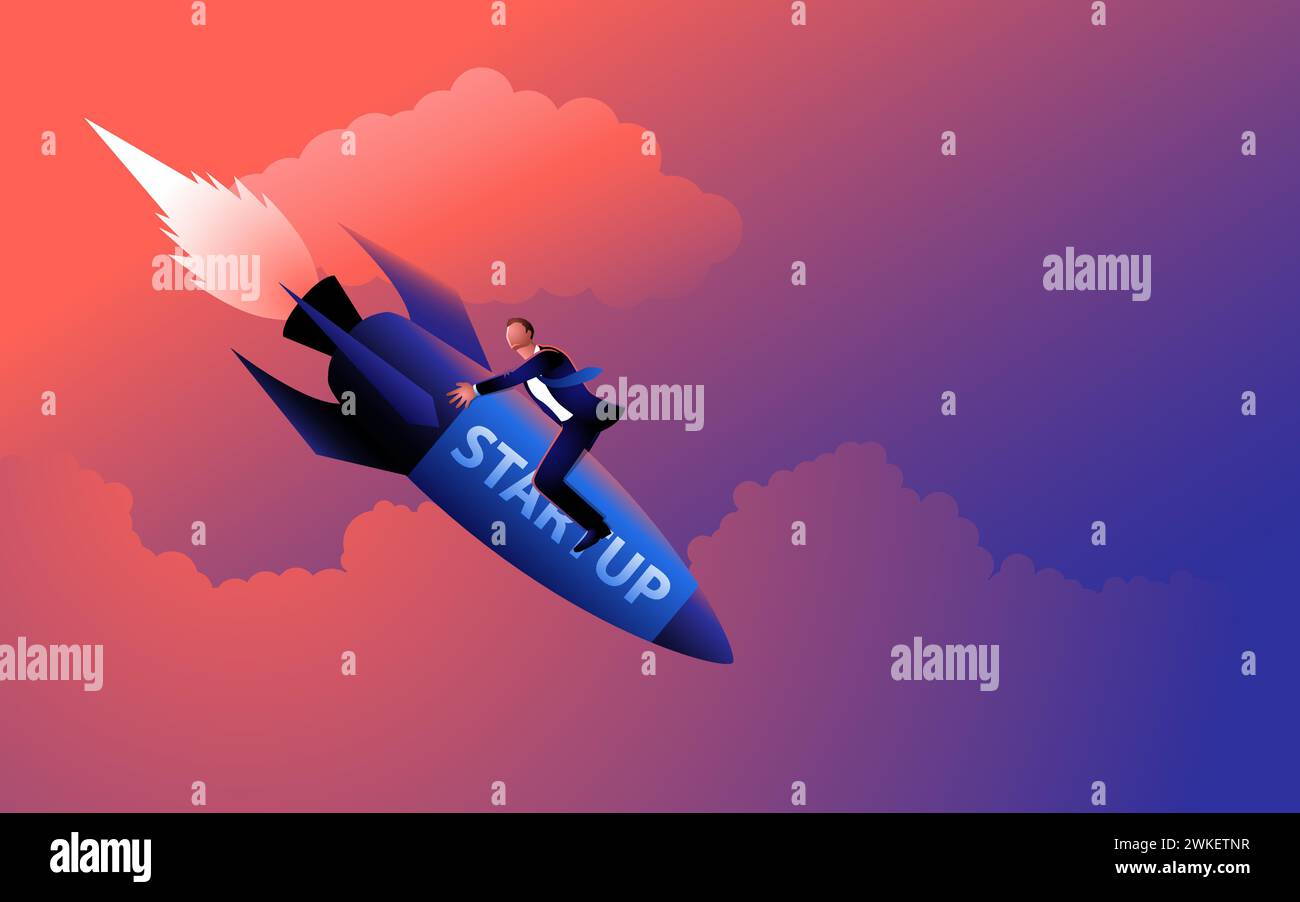 Businessman aboard a falling startup rocket. Visual metaphor for the uncertainties and risks faced in entrepreneurial endeavors Stock Vector