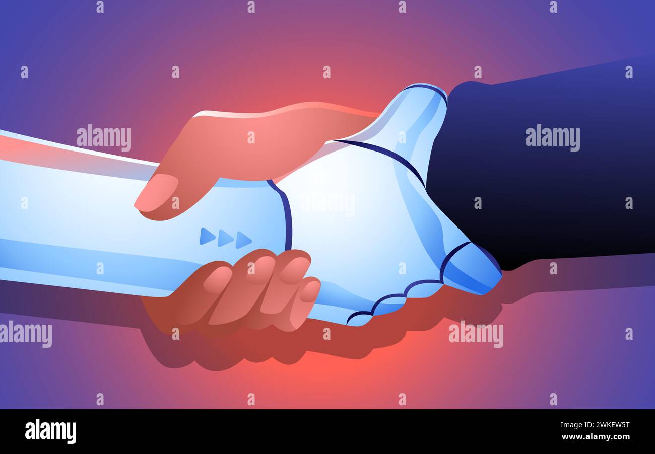 Strong connection between a human and robot, their hands grasping each other with determination. Dynamic relationship between human ingenuity and AI i Stock Vector