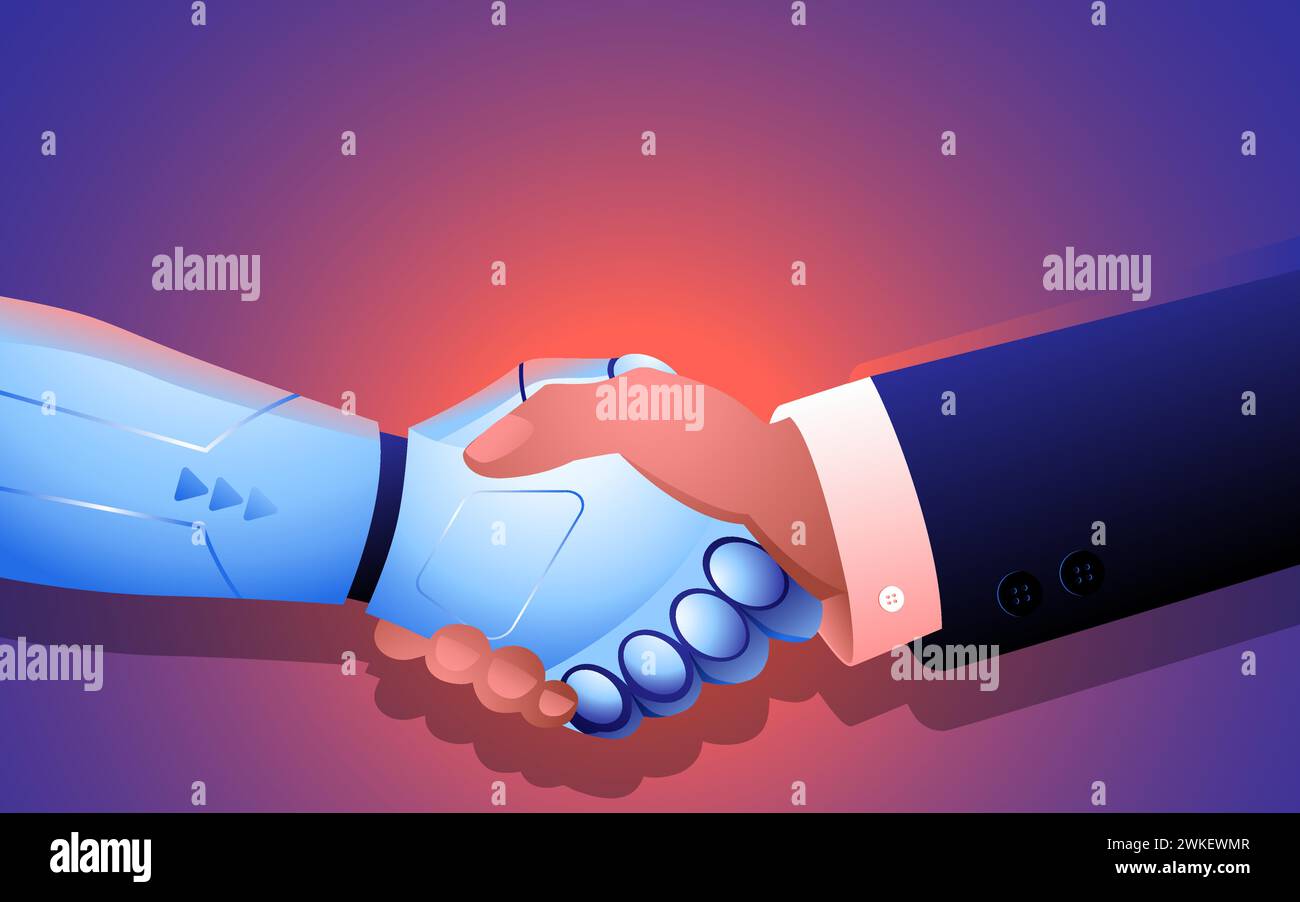 Businessman and a robot engaging in a handshake. Intersection of human expertise and technological advancement. Stock Vector