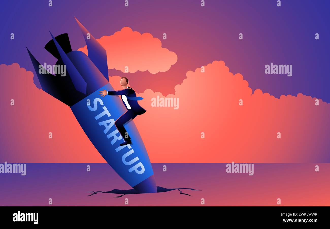 Illustration of a businessman aboard a falling startup rocket. A visual ...
