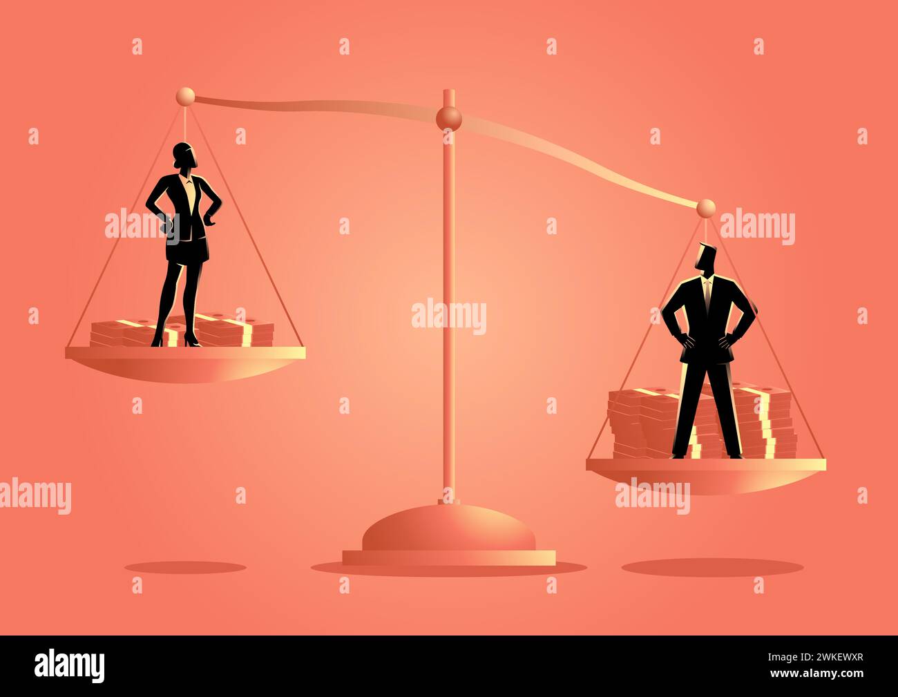 Businessman and businesswoman stand on a golden scale, conveys the disparity in salary, with the businessman appearing heavier. Sparks discussions on Stock Vector