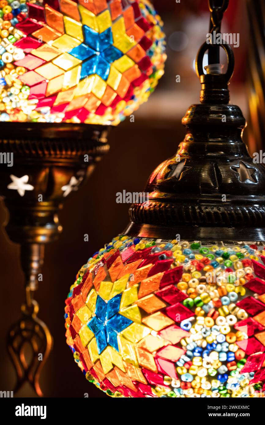 Traditional colourful Turkish lamps on sale at Bath Christmas market. Stock Photo