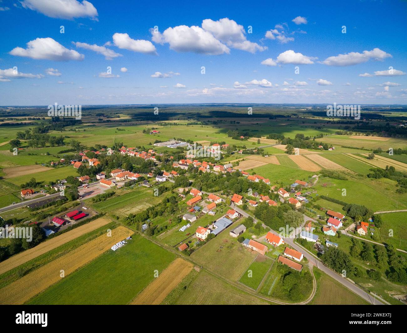 Aerial view of beautiful Budry village, Mazury, Poland (former Buddern