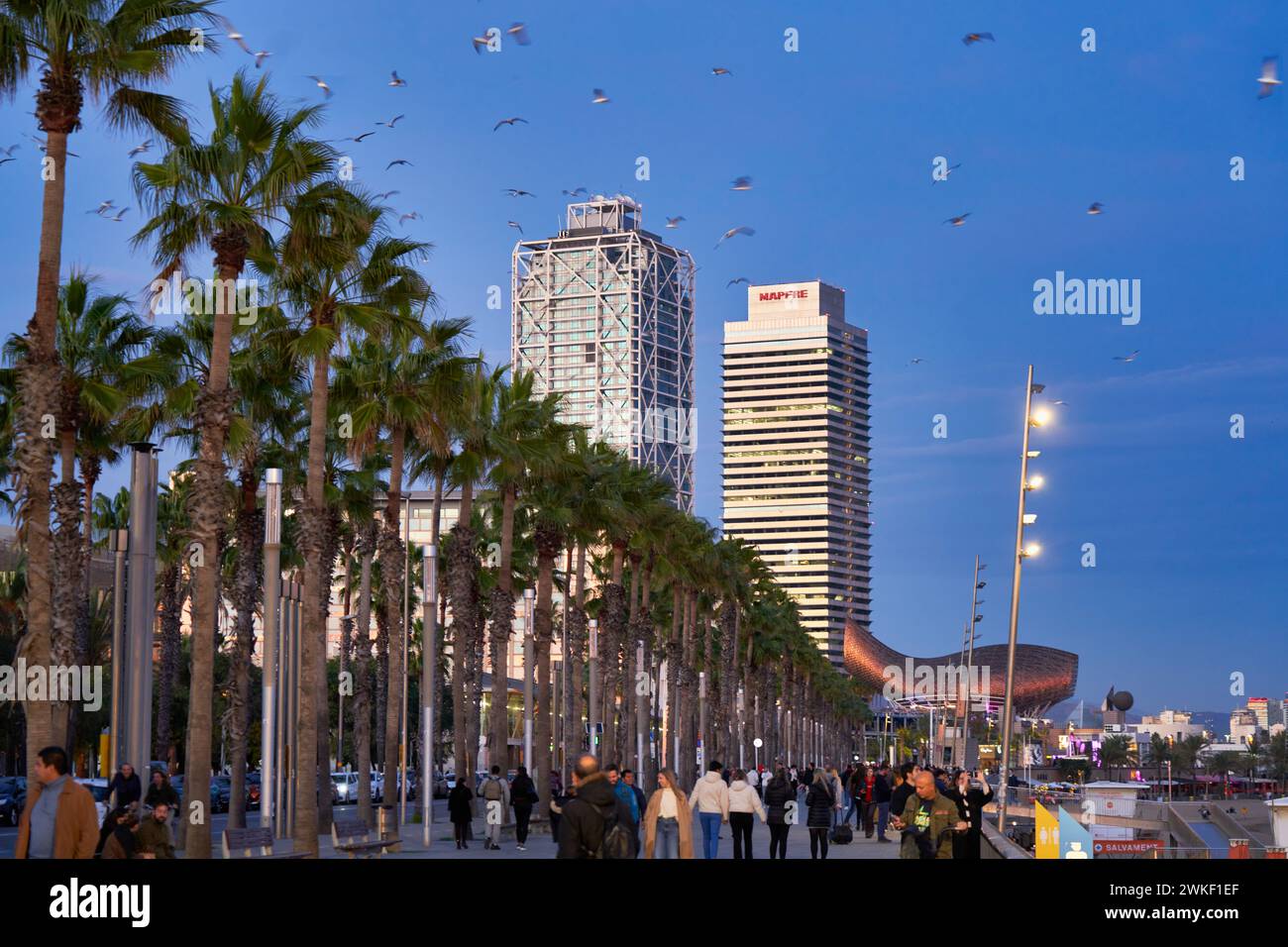 Paseo Maritimo de la Barceloneta, Mapfre Tower and Hotel Arts ...