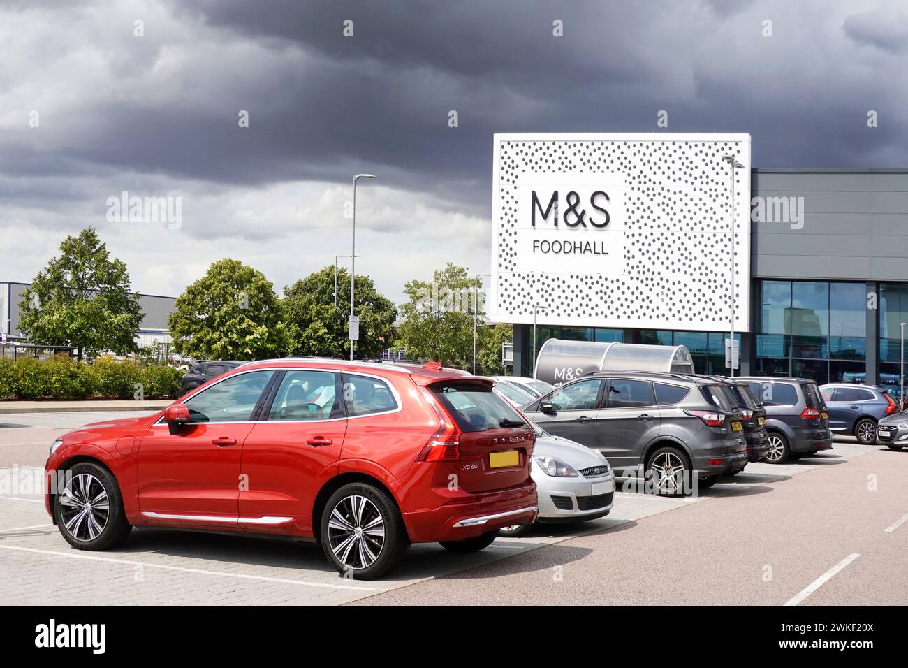 M&S food hall modern building & shop front Marks and Spencer in retail park food store free foodhall shoppers car park in Chelmsford Essex England UK Stock Photo
