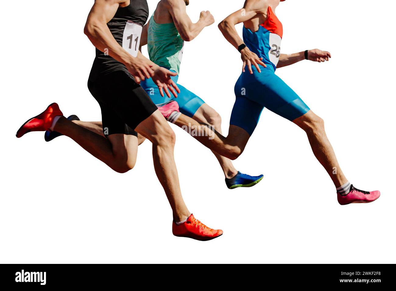 three male athletes sprinting on track, muscles taut, competing fiercely, isolated on white background Stock Photo