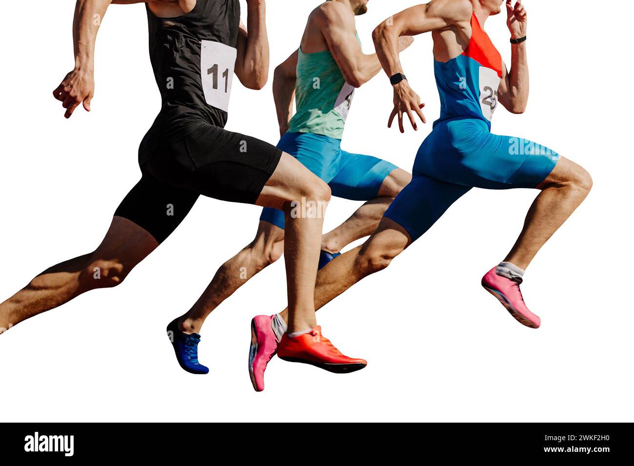 three male athletes sprinting on track, muscles taut, competing fiercely, isolated on white background Stock Photo