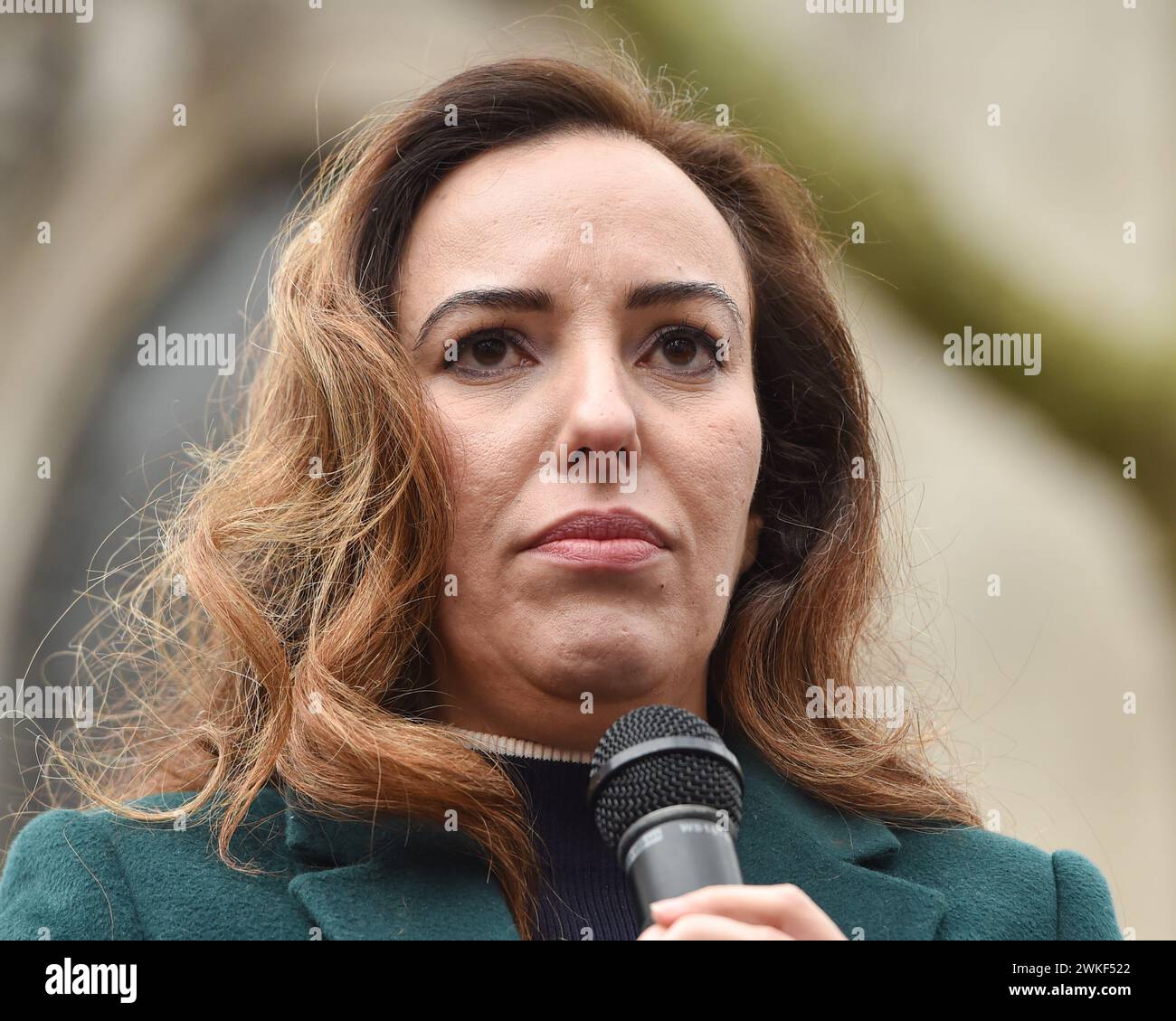 Stella Assange the wife of Julian Assange, speaks to the protesters outside the Royal Courts of Justice ahead of her husband's appeal against extradition to the US. Stock Photo