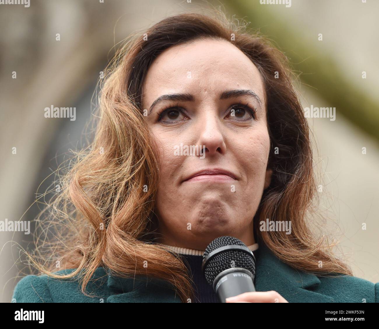 Stella Assange, the wife of Julian Assange, speaks to the protesters outside the Royal Courts of Justice ahead of her husband's appeal against extradition to the US. Stock Photo