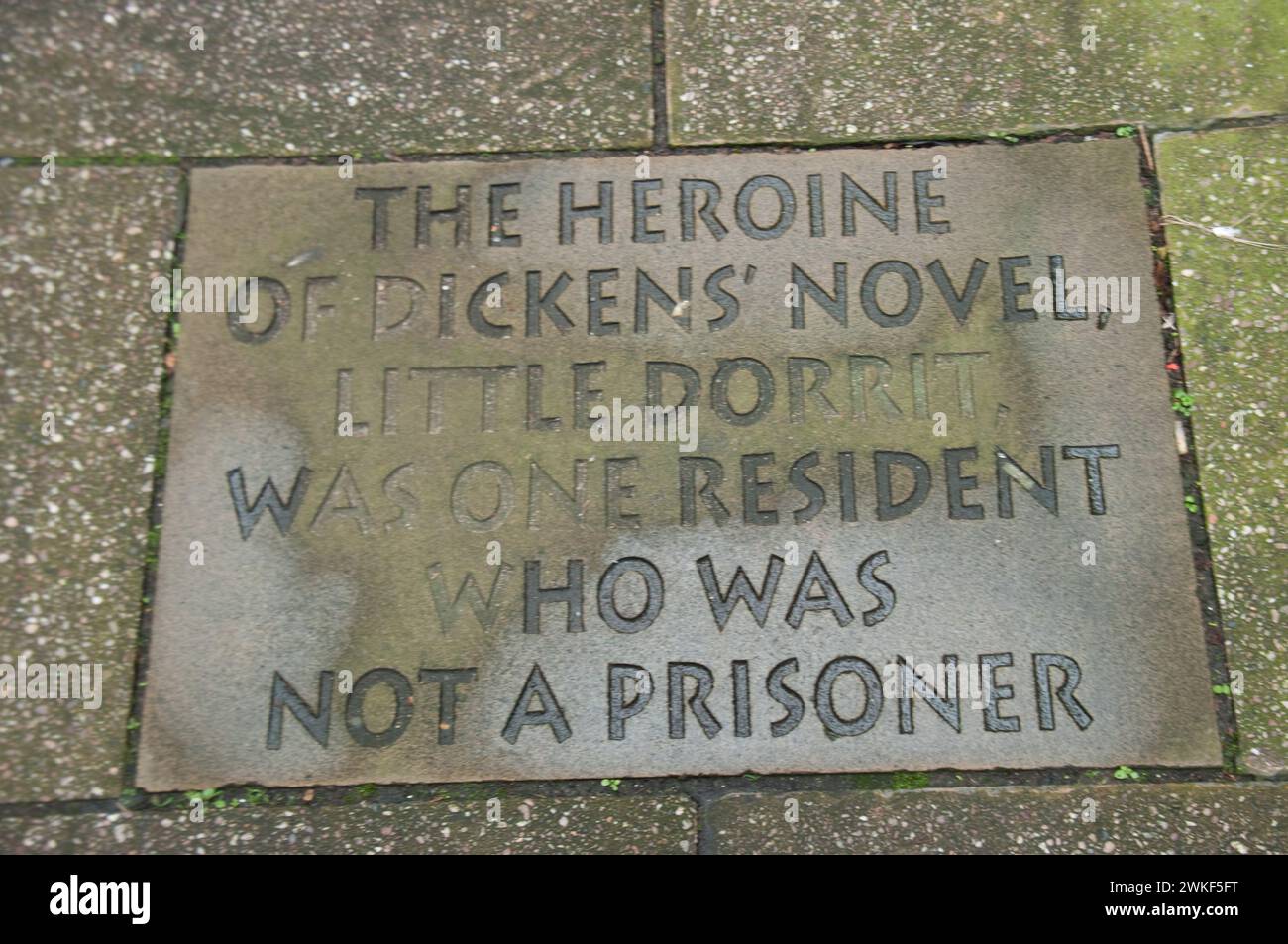 Sign indicating that Little Dorrit's heroine (Amy Dorrit) was not a prisoner although a resident at Marshalsea Debtors' Prison, Southwark, London, UK Stock Photo