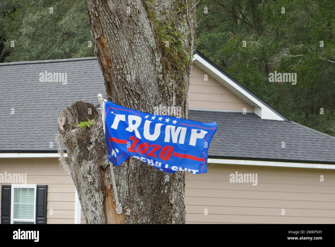 Local resident in North Florida is flying a Donald Trump campaign flag from 2020....Again. Stock Photo