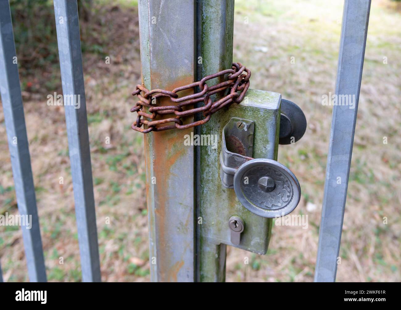 old rusty chain on a metal gate Stock Photo