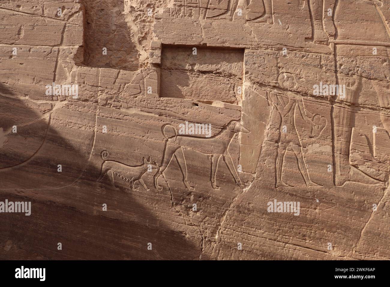 Ancient egyptian carvings and hieroglyphs at tombs of the nobles, west Aswan, Egypt Stock Photo