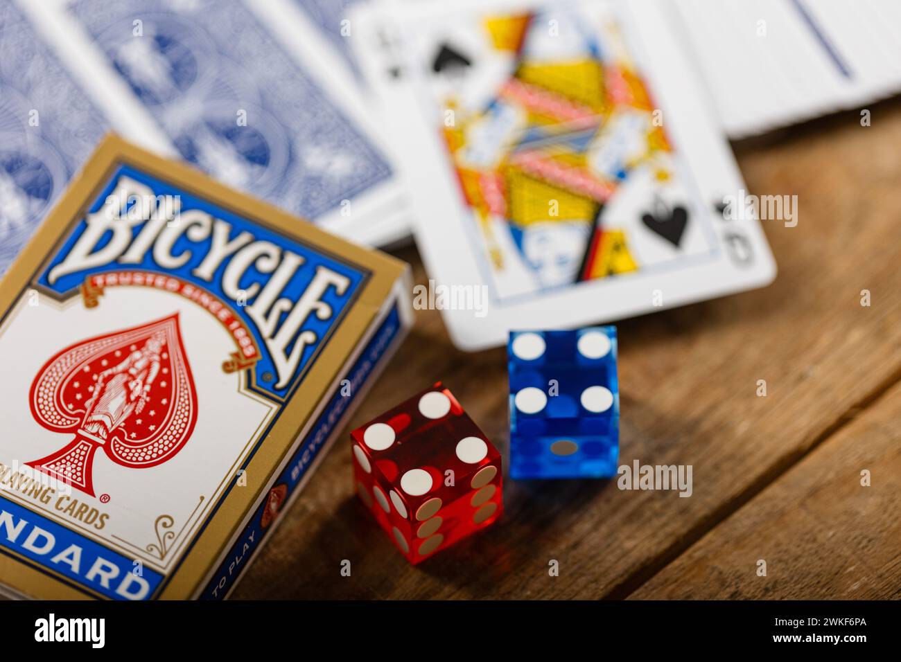 Dice and cards are an important part of the tricks of magic artists, illusionist Stock Photo