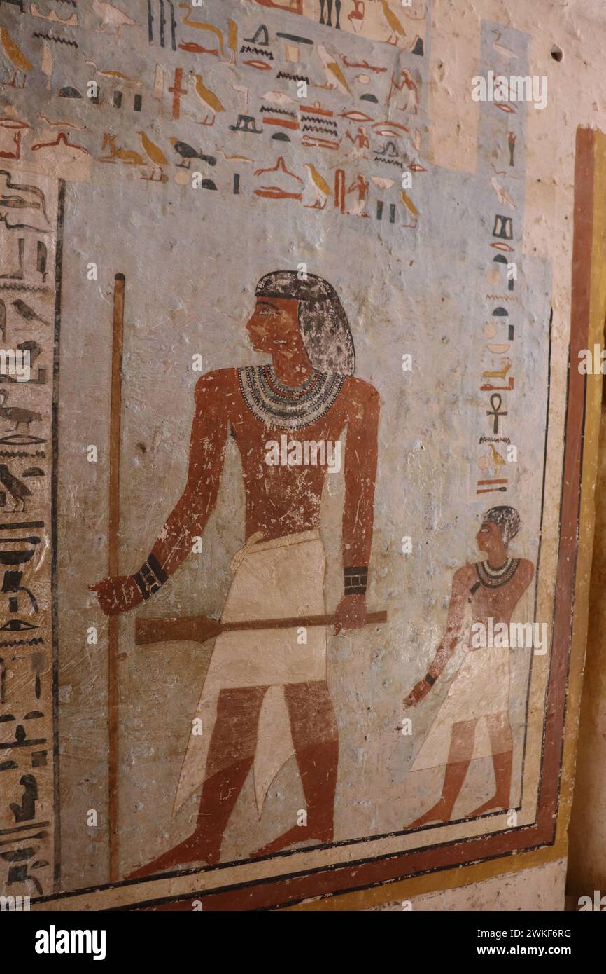 beautiful original colours at tombs of the nobles, west Aswan, Egypt Stock Photo