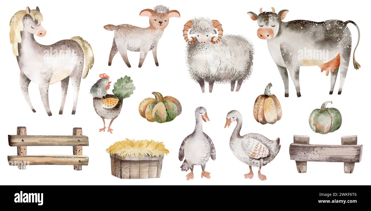 Watercolor set of farm animals. Illustration of a cute farmyard. Cartoon horse, cow and goose on an isolated background. Stock Photo