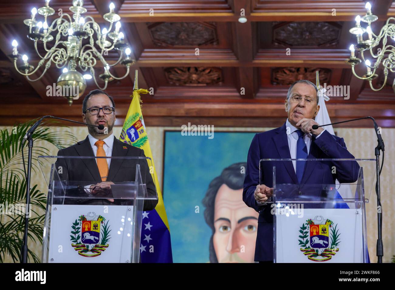 Caracas, Venezuela. 20th Feb, 2024. Sergey Lavrov (r), Foreign Minister of Russia, and Yvan Gil Pinto, Foreign Minister of Venezuela, speak at a joint press conference at the Foreign Ministry. Credit: Jesus Vargas/dpa/Alamy Live News Stock Photo