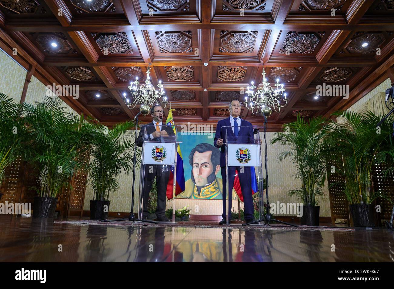 Caracas, Venezuela. 20th Feb, 2024. Sergey Lavrov (r), Foreign Minister of Russia, and Yvan Gil Pinto, Foreign Minister of Venezuela, speak at a joint press conference at the Foreign Ministry. Credit: Jesus Vargas/dpa/Alamy Live News Stock Photo
