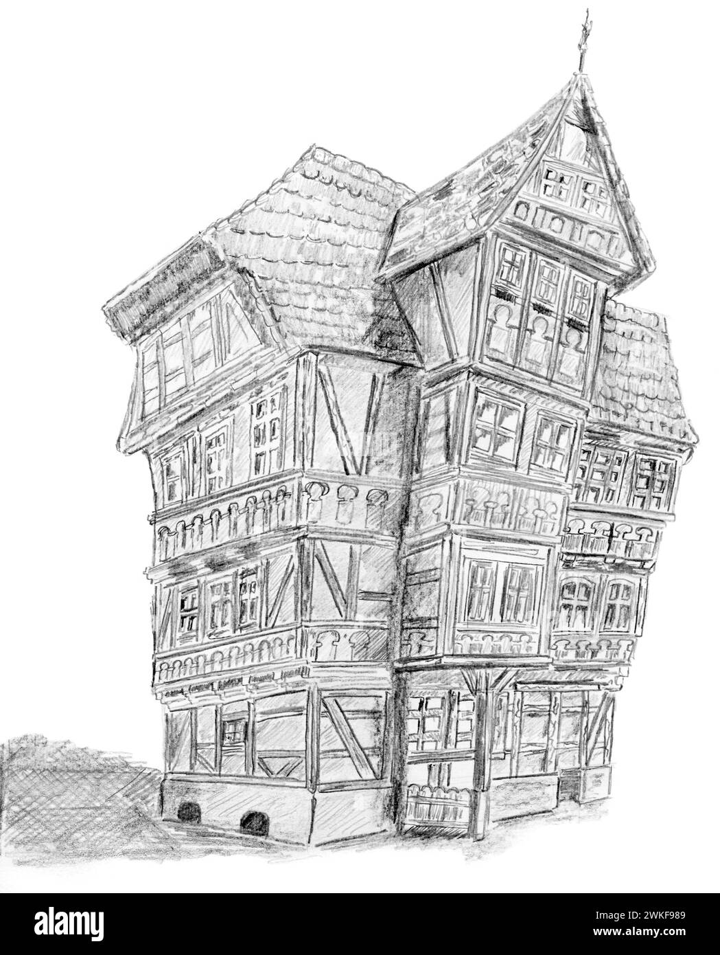 Pencil sketch of a medieval half-timbered house on a white paper background. Photographer is Artist of this work. Stock Photo