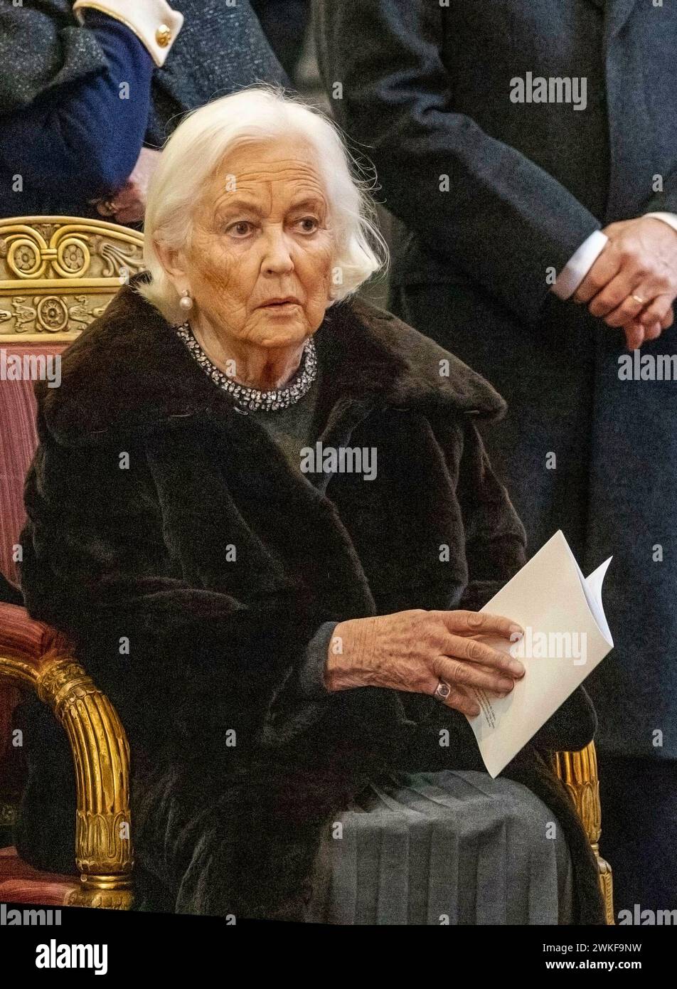 Brussel, Belgien. 20th Feb, 2024. Belgium Queen Mathilde and King Filip (Philippe) and King Albert and Queen Paola and Prince Laurent and Princess Claire and Princess Delphine and James O'Hare and Archduke Carl Christian of Habsbourg-Lorraine and Princess Marie-Astrid of Luxembourg attend the annual eucharistic celebration in memory of the deceased members of the royal family in the Church of Our Lady in Laeken, Laken, Brussels Credit: Albert Nieboer/Netherlands OUT/Point de Vue OUT Foto: Albert Nieboer/dpa/Alamy Live News Stock Photo