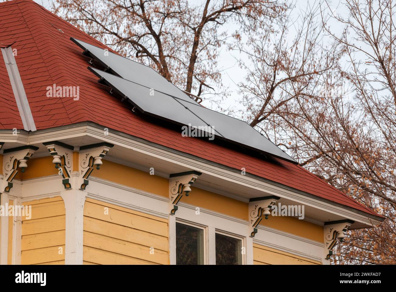 Solar panel on a historic house in downtown Baker City, Oregon. Stock Photo