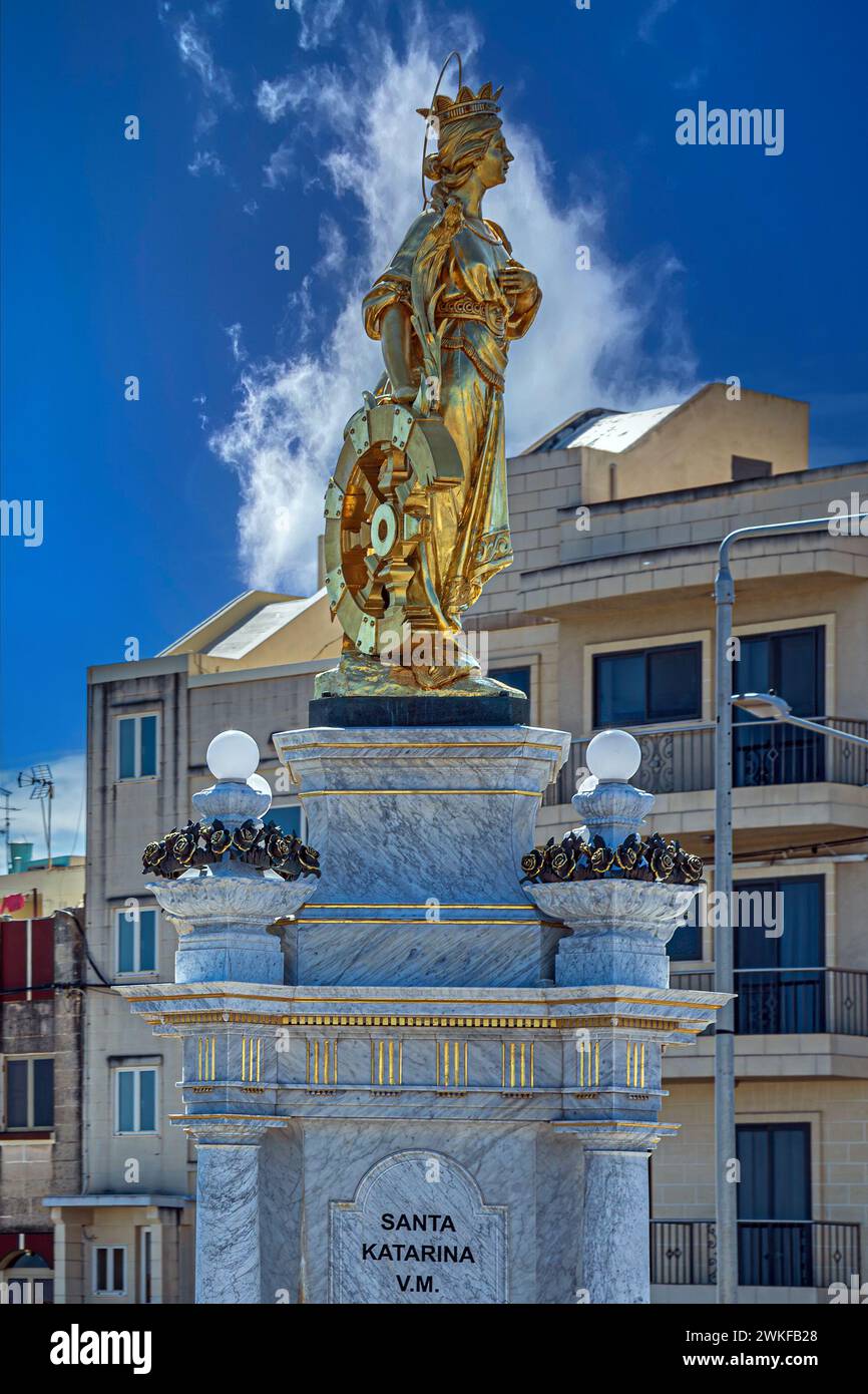 Valletta, Malta - March 25, 2021: Statue of Santa Katarina, a Roman Catholic symbol for the Italian community of Malta, founded in 1576. Stock Photo