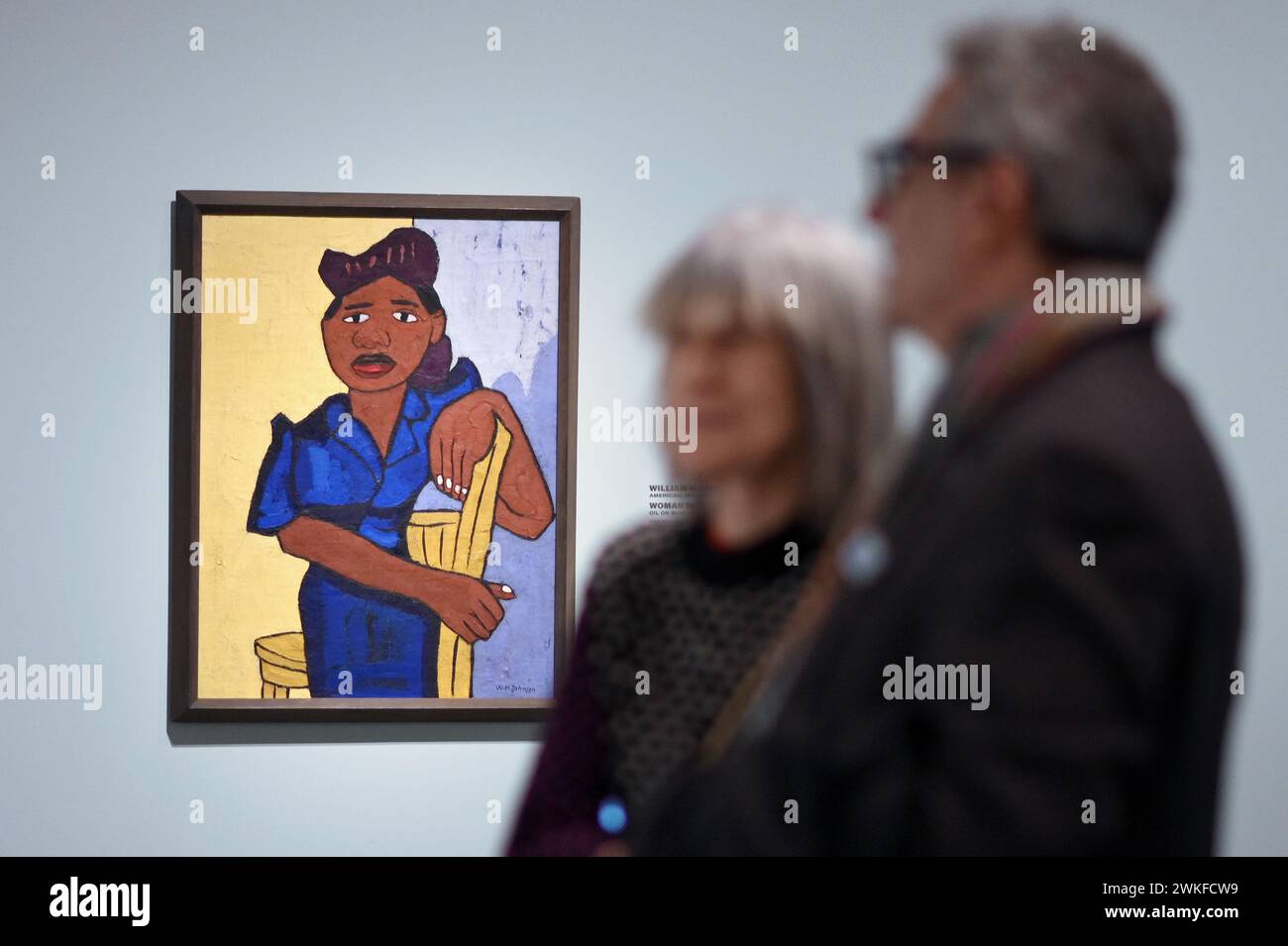New York, USA. 20th Feb, 2024. 'Woman In Blue' by artist William H. Johnson in view as people attend the 'The Harlem Renaissance and Transatlantic Modernism' press preview at the Metropolitan Museum of Art, New York, NY, February 20, 2024. (Photo by Anthony Behar/Sipa USA) Credit: Sipa USA/Alamy Live News Stock Photo