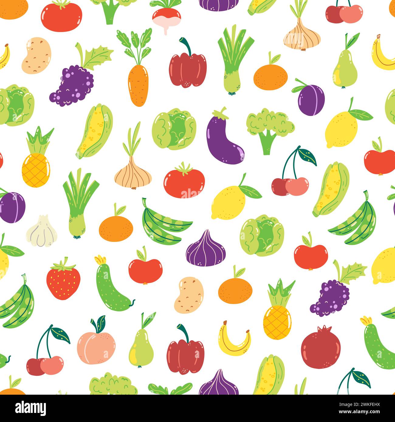 Hand drawn seamless pattern with cute fruits and veggies on white ...