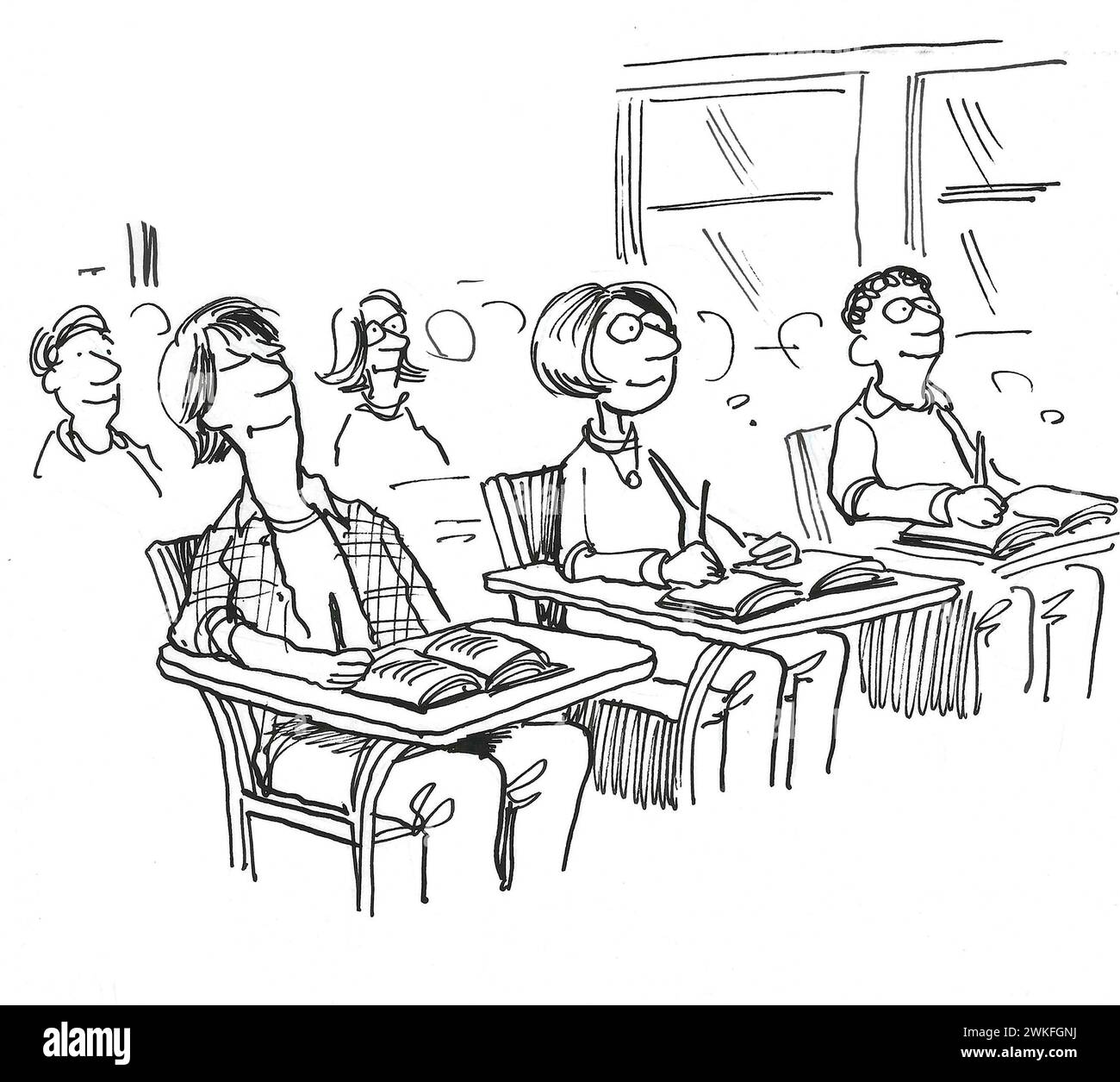 BW cartoon of students in a class, all are paying attention except one boy whose eyes are closed, he is daydreaming. Stock Photo