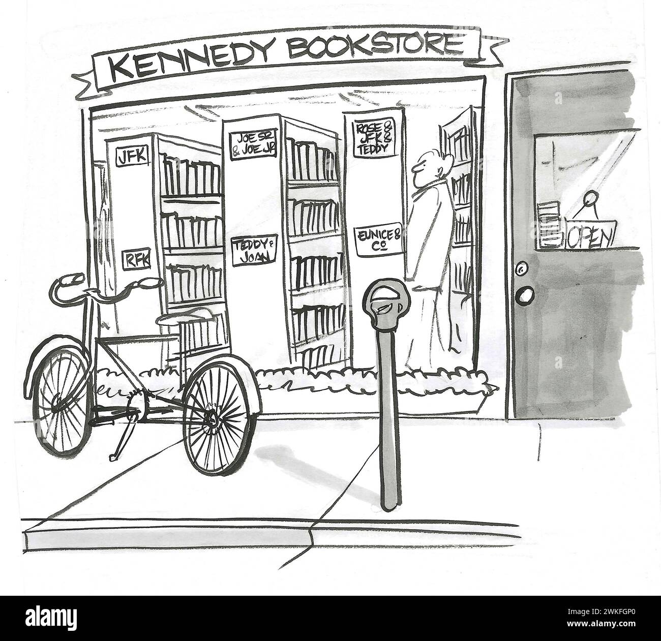 BW cartoon of a 'Kennedy Bookstore'.  It has books on each family member. Stock Photo