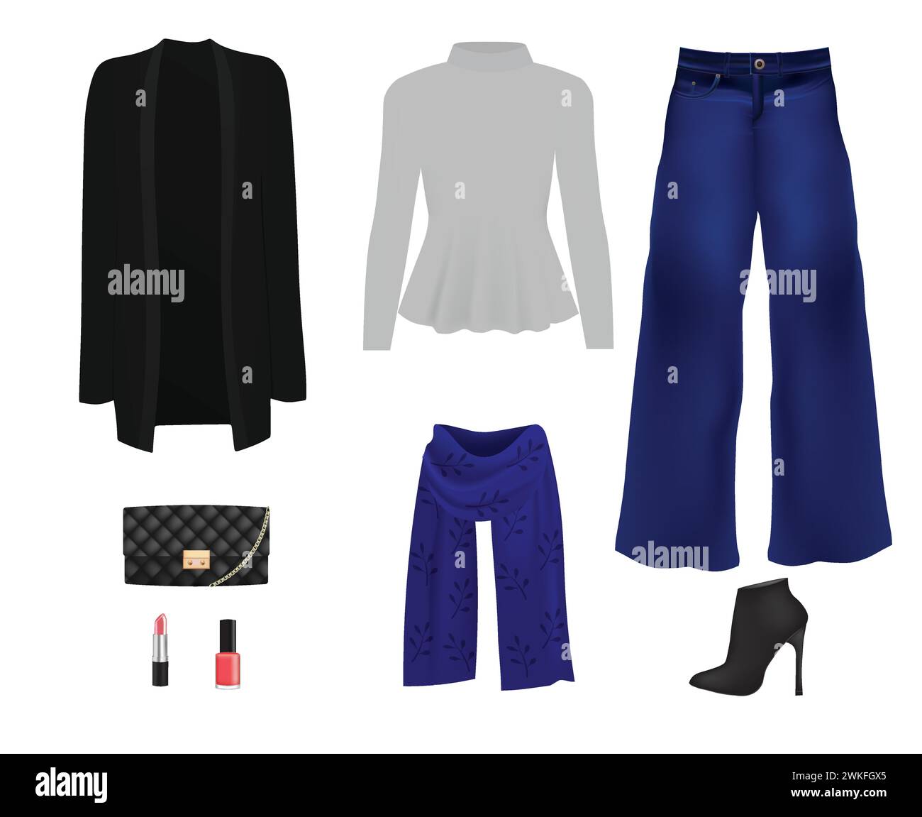 Women set. coat, sweater, pants, bag and boots. vector illustration Stock Vector