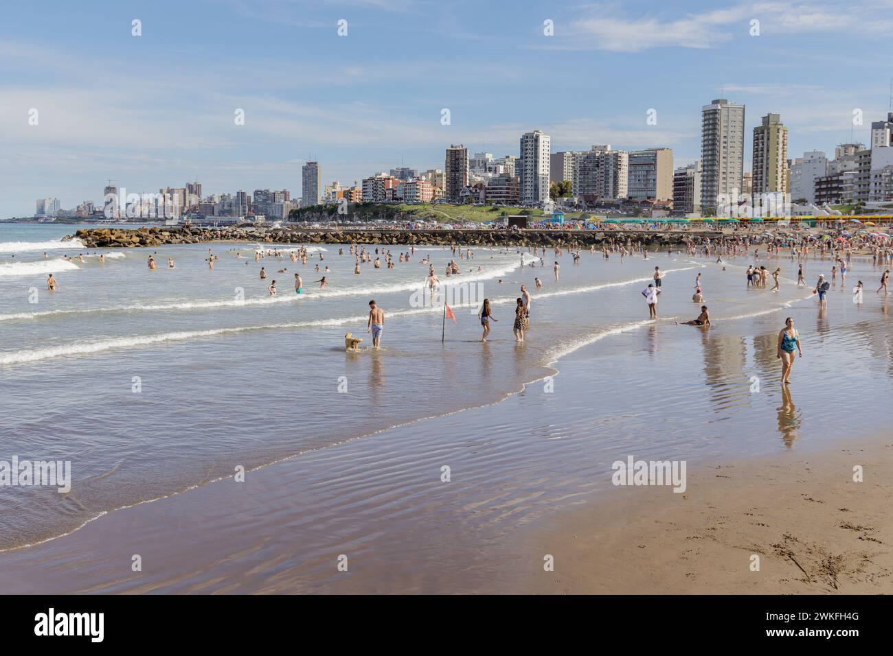 Mar del Plata, Argentina - January 15th, 2024: Tourists at Stella Maris beach in Mar del Plata. Stock Photo