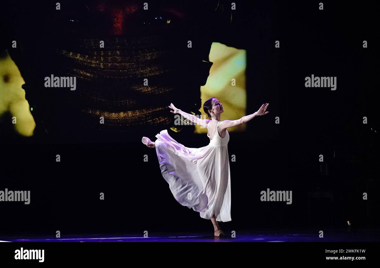 Ukrainian English National Ballet soloist Kateryna Khaniukova performs during the United With Ukraine show, an event for the Ukrainian refugee community in London, to mark two years since the Russian invasion, at the Palace Theatre in London. Picture date: Tuesday February 20, 2024. Stock Photo