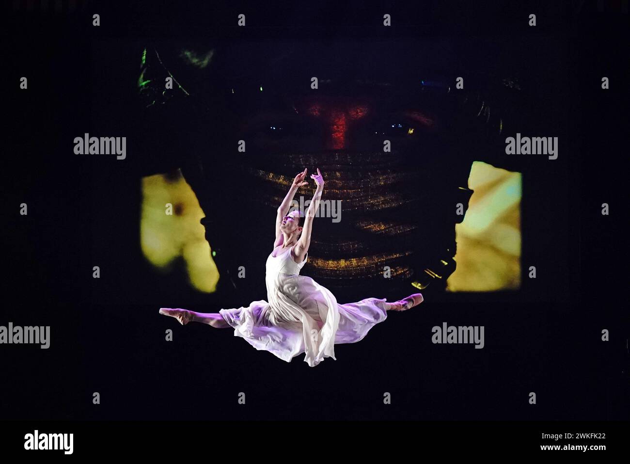 Ukrainian English National Ballet soloist Kateryna Khaniukova performs during the United With Ukraine show, an event for the Ukrainian refugee community in London, to mark two years since the Russian invasion, at the Palace Theatre in London. Picture date: Tuesday February 20, 2024. Stock Photo