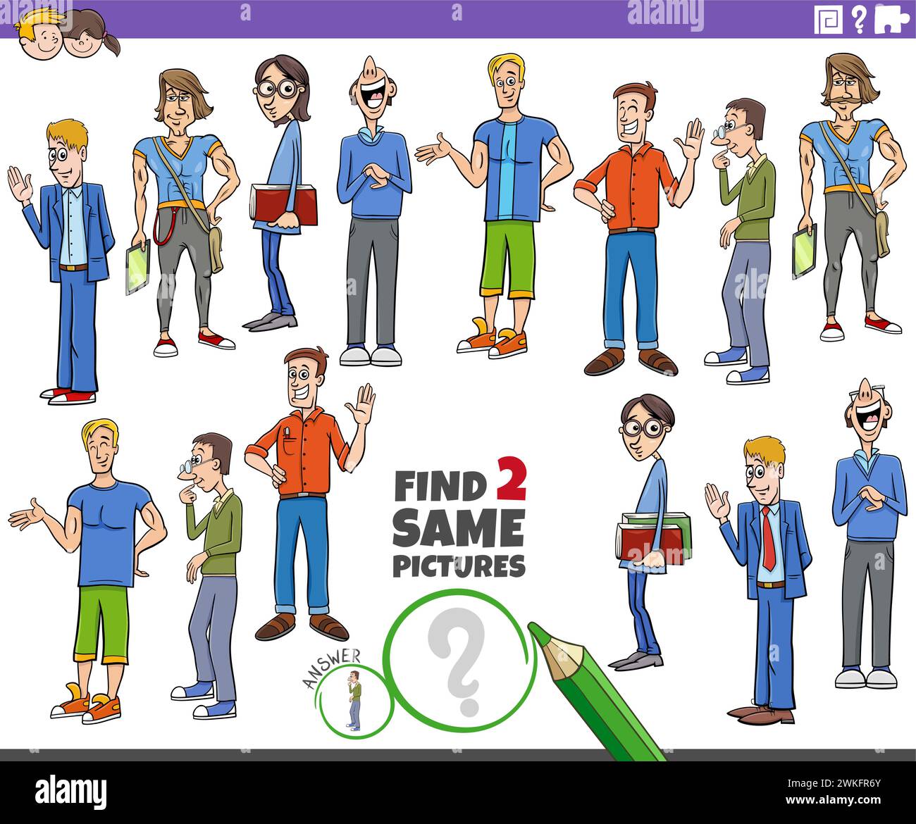 Cartoon illustration of finding two same pictures educational activity ...