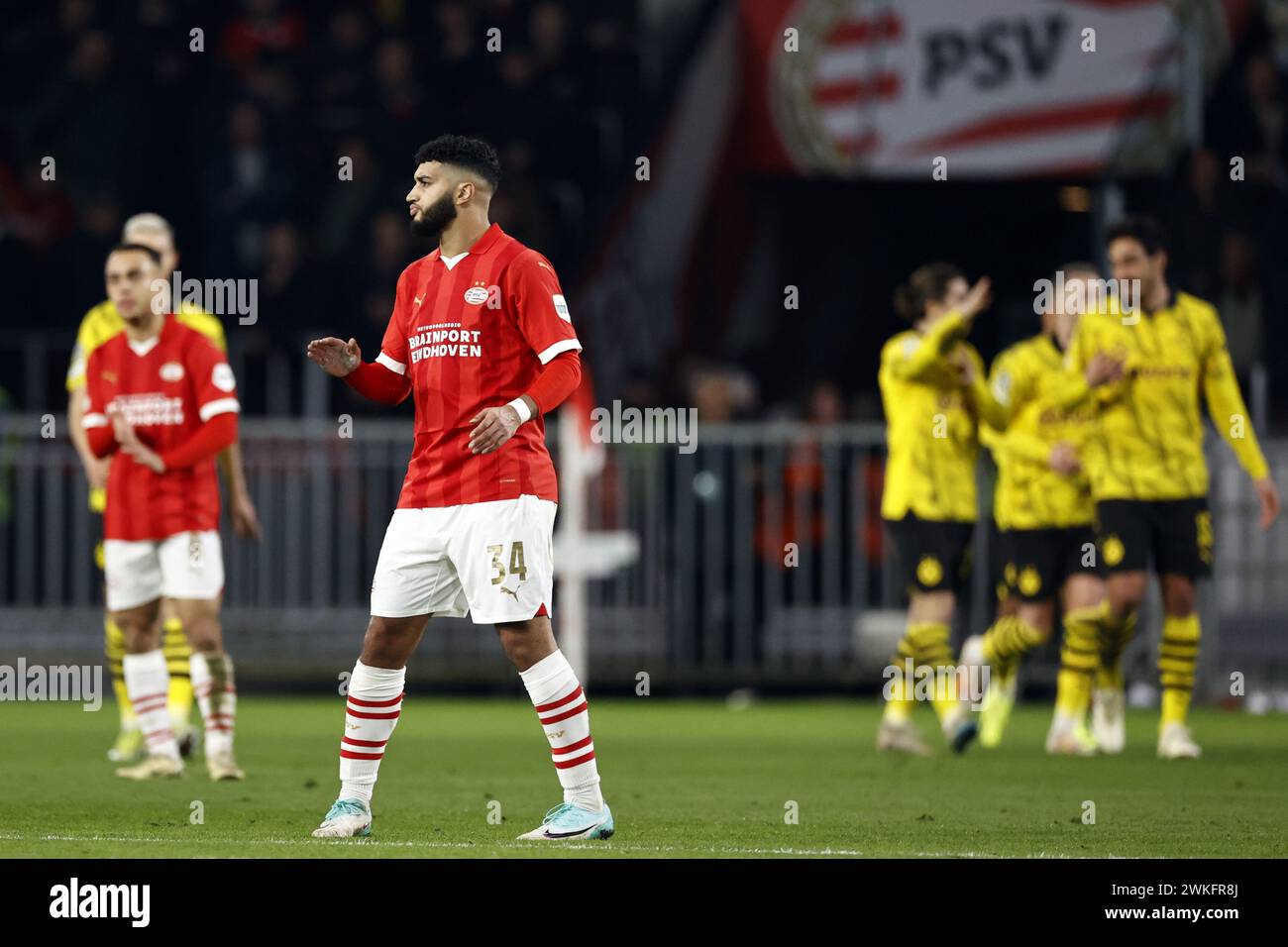 EINDHOVEN - Ismael Saibari of PSV Eindhoven disappointment after the 0-1 draw during the UEFA Champions League eighth final match between PSV Eindhoven and Borussia Dortmund at the Phillips stadium on February 20, 2024 in Eindhoven, Netherlands. ANP MAURICE VAN STEEN Stock Photo