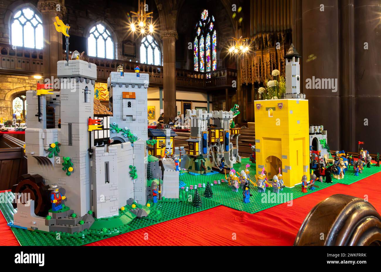 Castle of Lego at the Brick Festival at St Elphin's Parish Church in Warrington, Cheshire, England Stock Photo