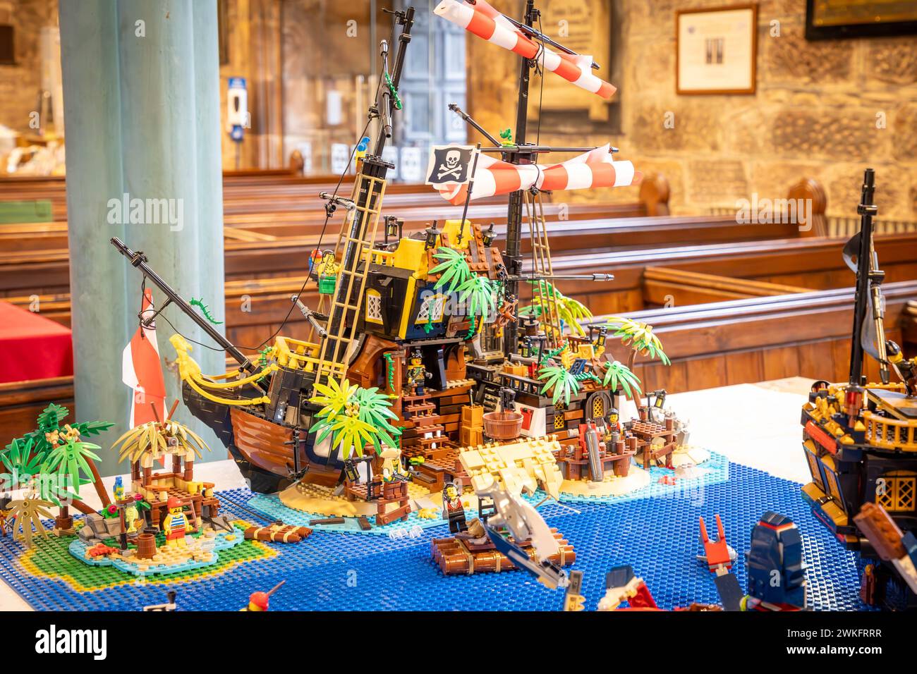 Lego Pirate ship at the Brick Festival at St Elphin's Parish Church in Warrington, Cheshire, England Stock Photo