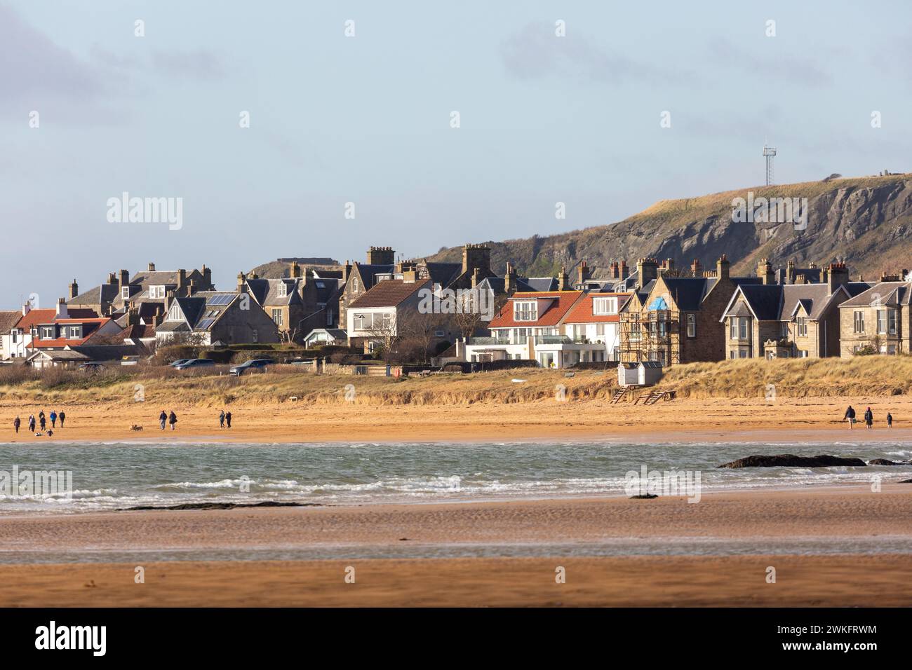 Elie Beach with the cliffs of Kincraig Hill in the background. Stock Photo