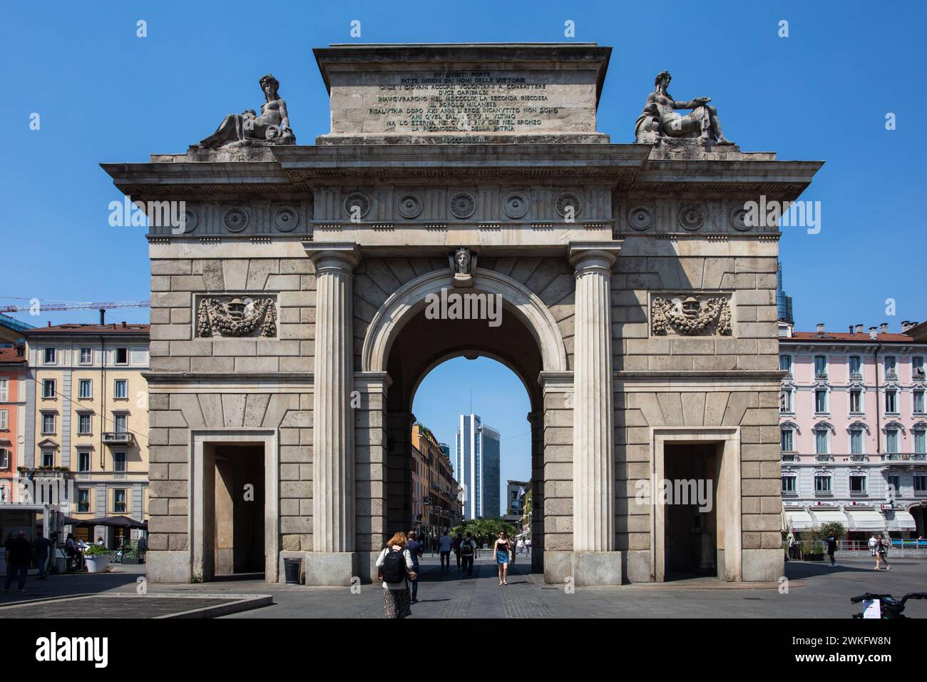 Garibaldi Door is one of the historic entrance to the city of Milan.  It leads to Corso Como a pedestrian street with restaurants and shops. Stock Photo